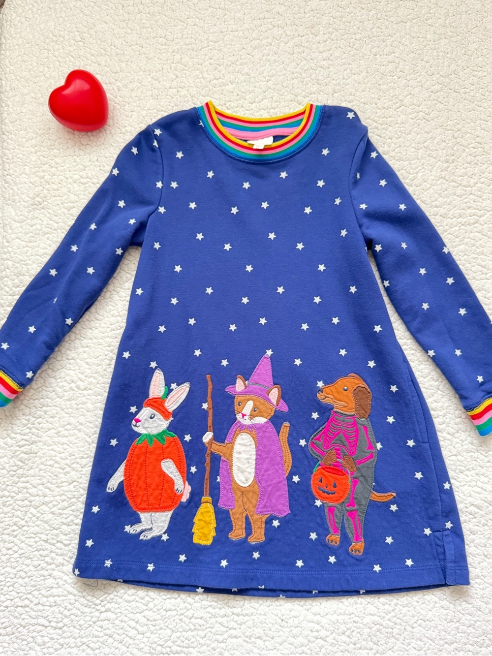 Mini Boden Blue Halloween Appliqué Dress with Rainbow Trim
